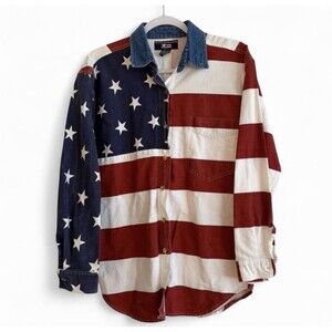 VTG 90s Quizz Jeans American Flag Button Down Shirt Denim Collar Size Size S